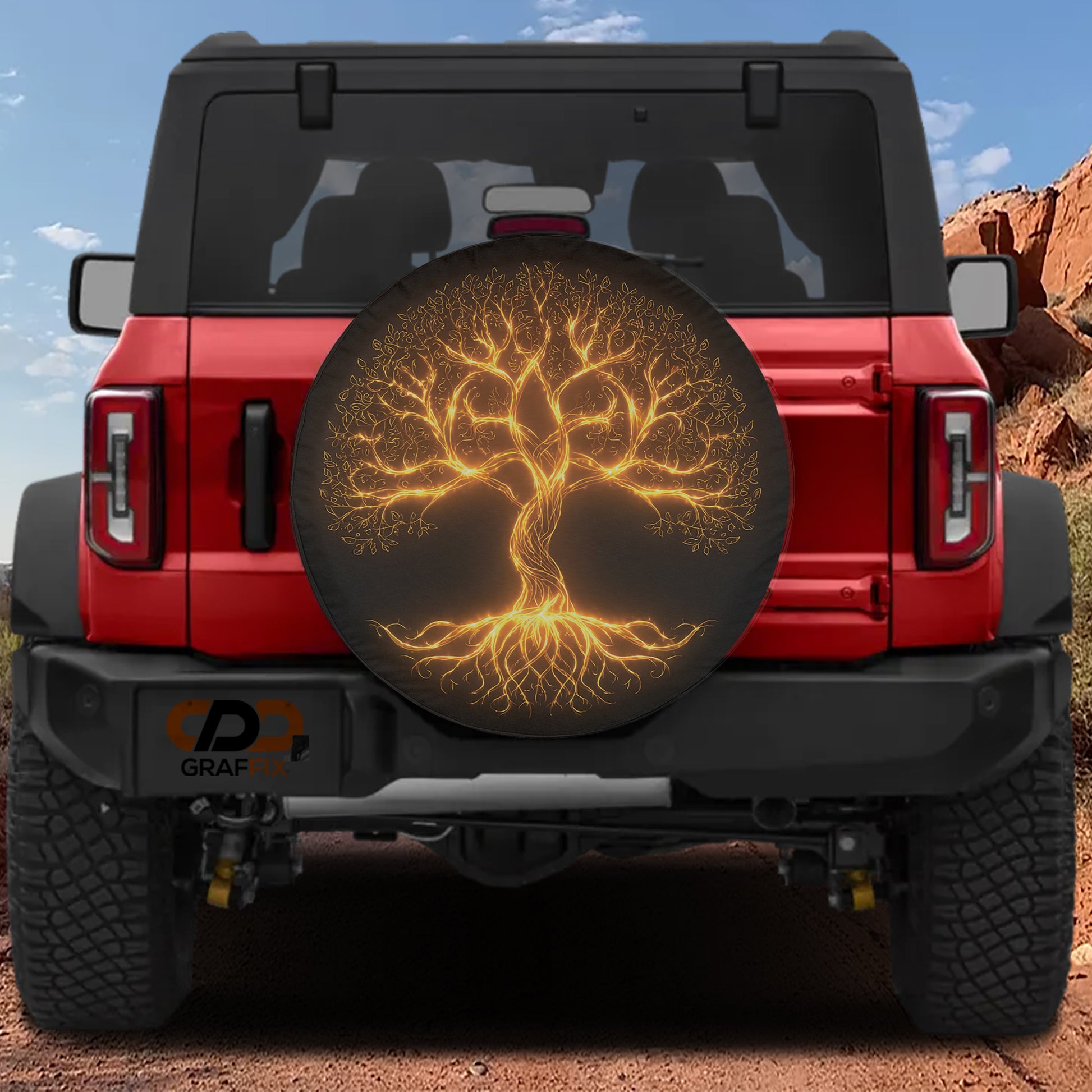 a red Jeep Wrangler with a tree-like design on the rear window.
