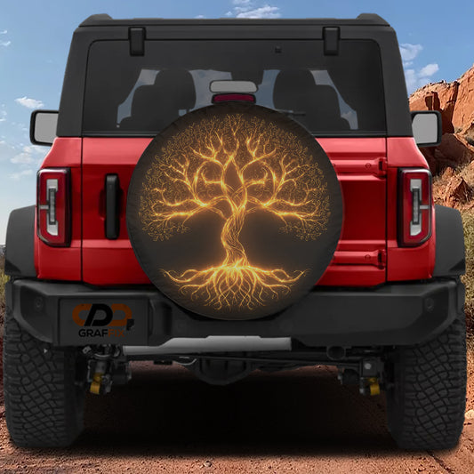 a red Jeep Wrangler with a tree-like design on the rear window.