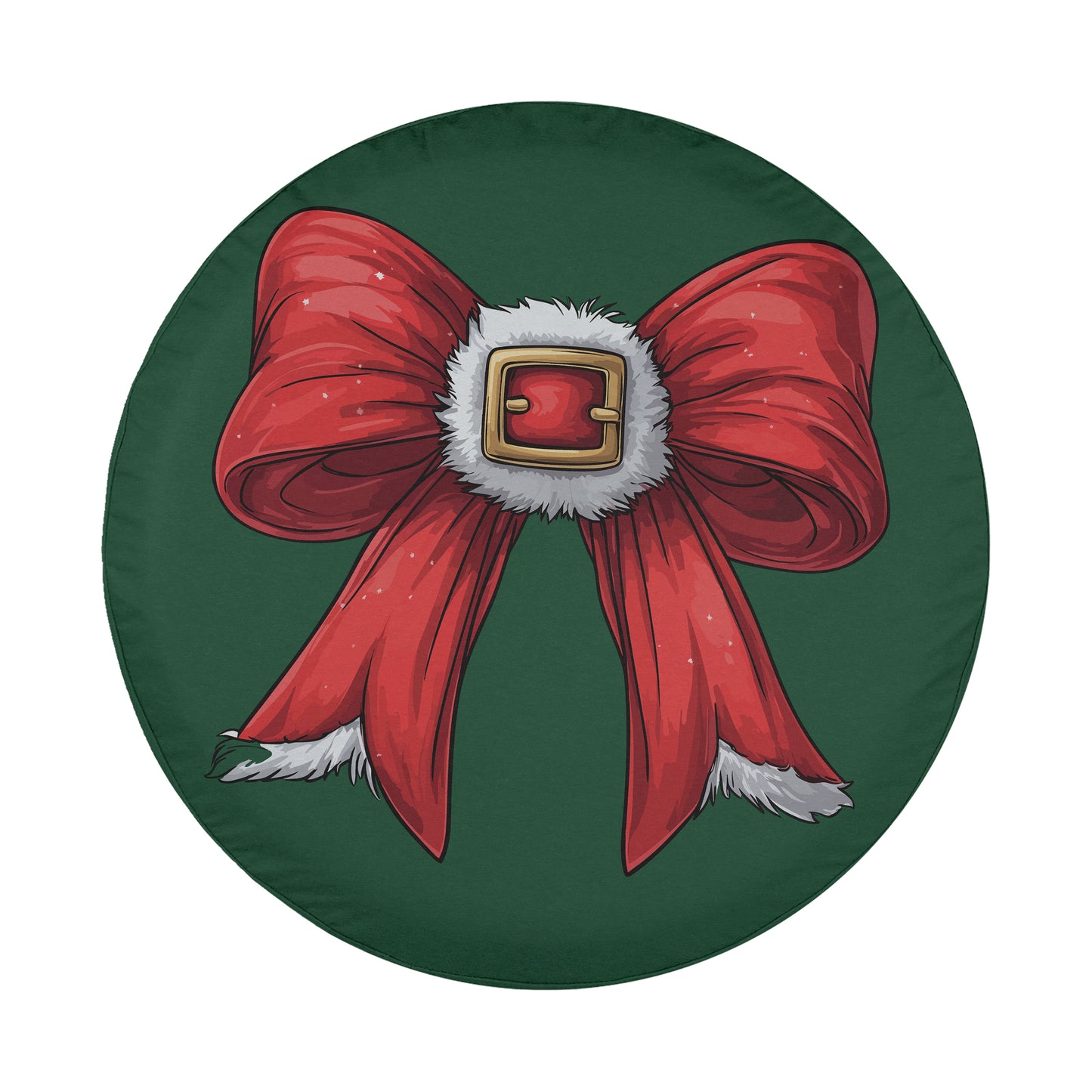 A red bow with a gold buckle is displayed against a green background.