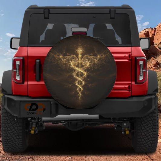 the back of a red Jeep Wrangler with a large tire cover featuring a medical symbol, such as a stethoscope or a snake, on it.