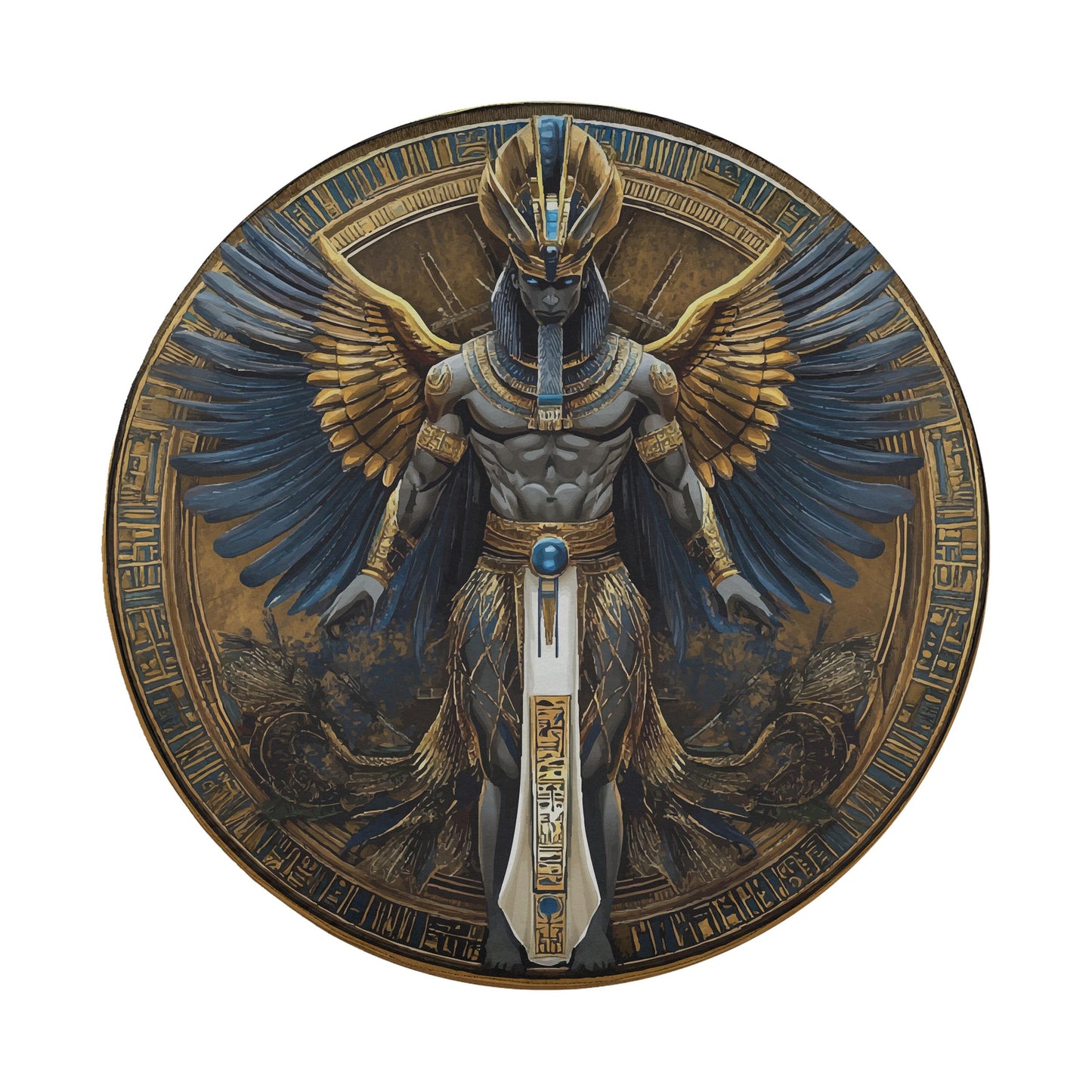 an ancient Egyptian deity with wings, standing in a circular design with intricate patterns and symbols surrounding it.