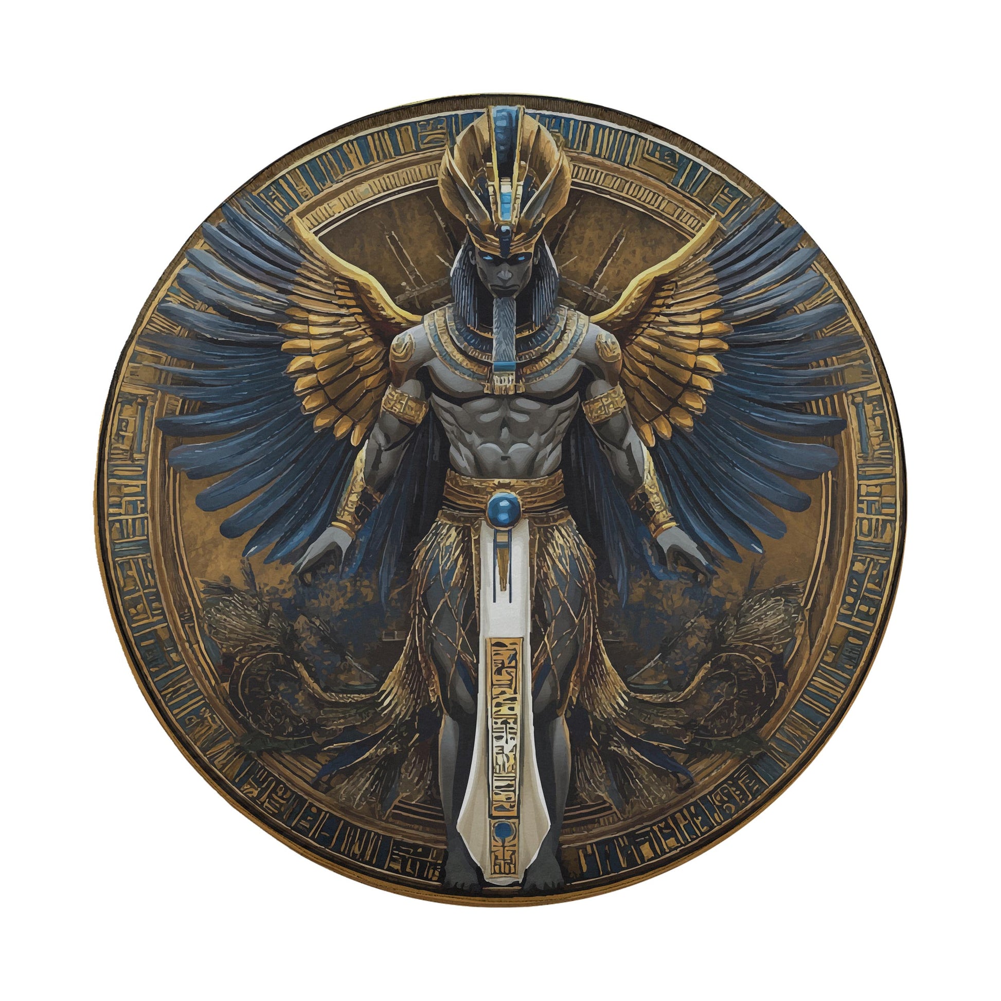 an ancient Egyptian deity with wings, standing in a circular design with intricate patterns and symbols surrounding it.