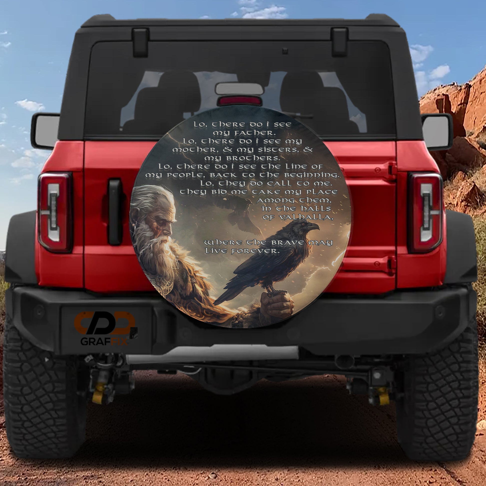 a red Jeep Wrangler with a large, circular decal on the rear window depicting a bearded man holding a bird.