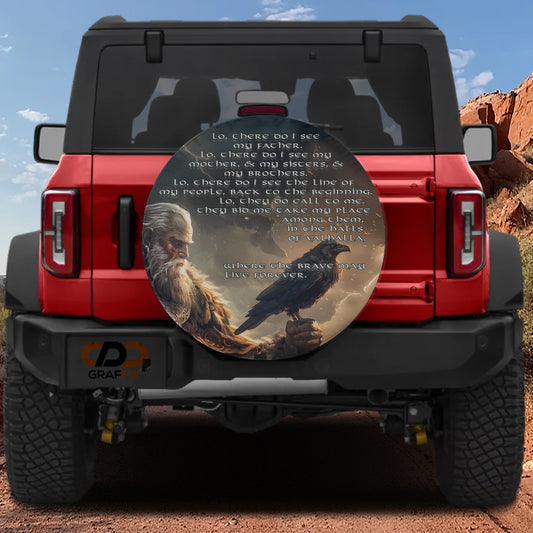 a red Jeep Wrangler with a large, circular decal on the rear window depicting a bearded man holding a bird.