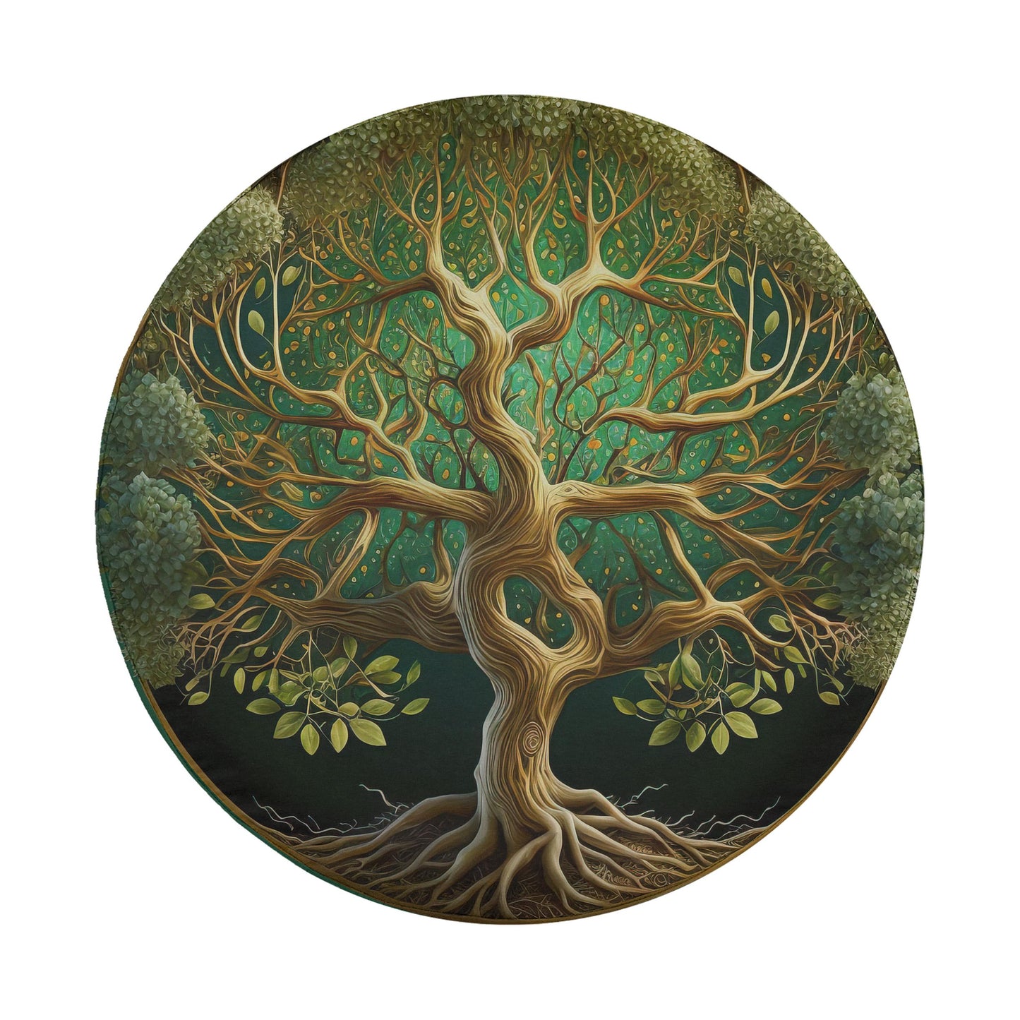 A large, intricate tree with a twisted trunk and numerous branches, surrounded by lush green foliage, creating a sense of depth and complexity.