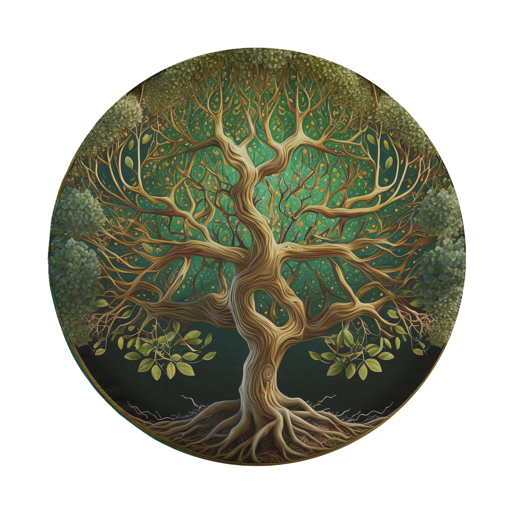 A large, intricate tree with a twisted trunk and numerous branches, surrounded by lush green foliage, creating a sense of depth and complexity.