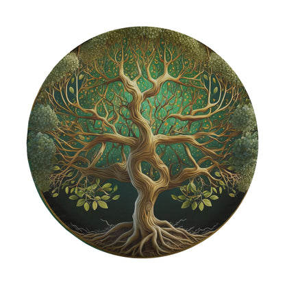A large, intricate tree with a twisted trunk and numerous branches, surrounded by lush green foliage, creating a sense of depth and complexity.