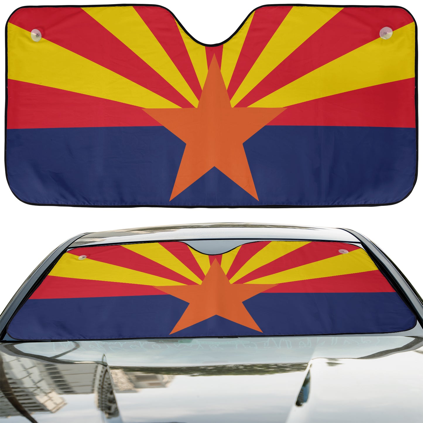 a car with a flag of the state of arizona on it