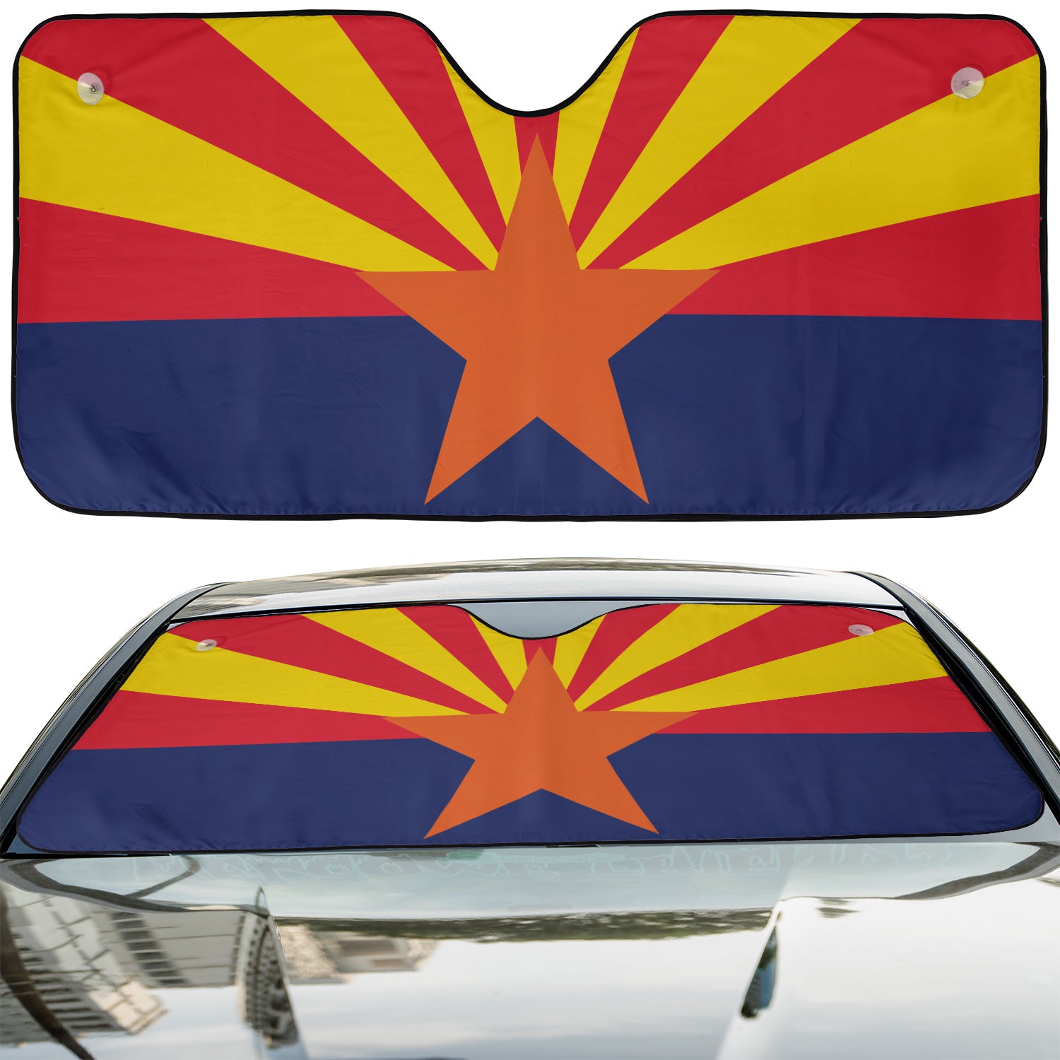 a car with a flag of the state of arizona on it