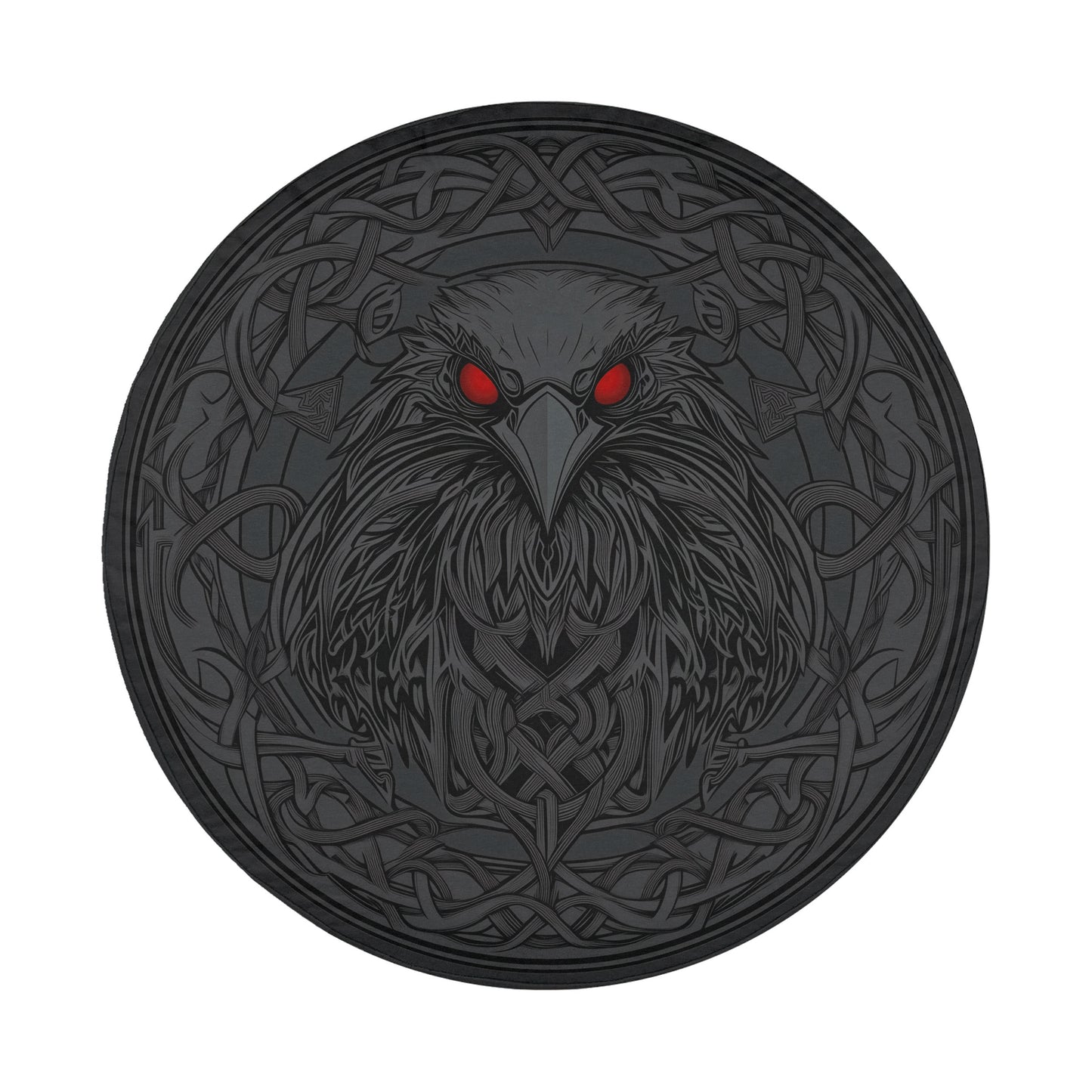 A dark, intricate circular design featuring a fierce-looking bird with red eyes, surrounded by a complex, intertwined pattern.
