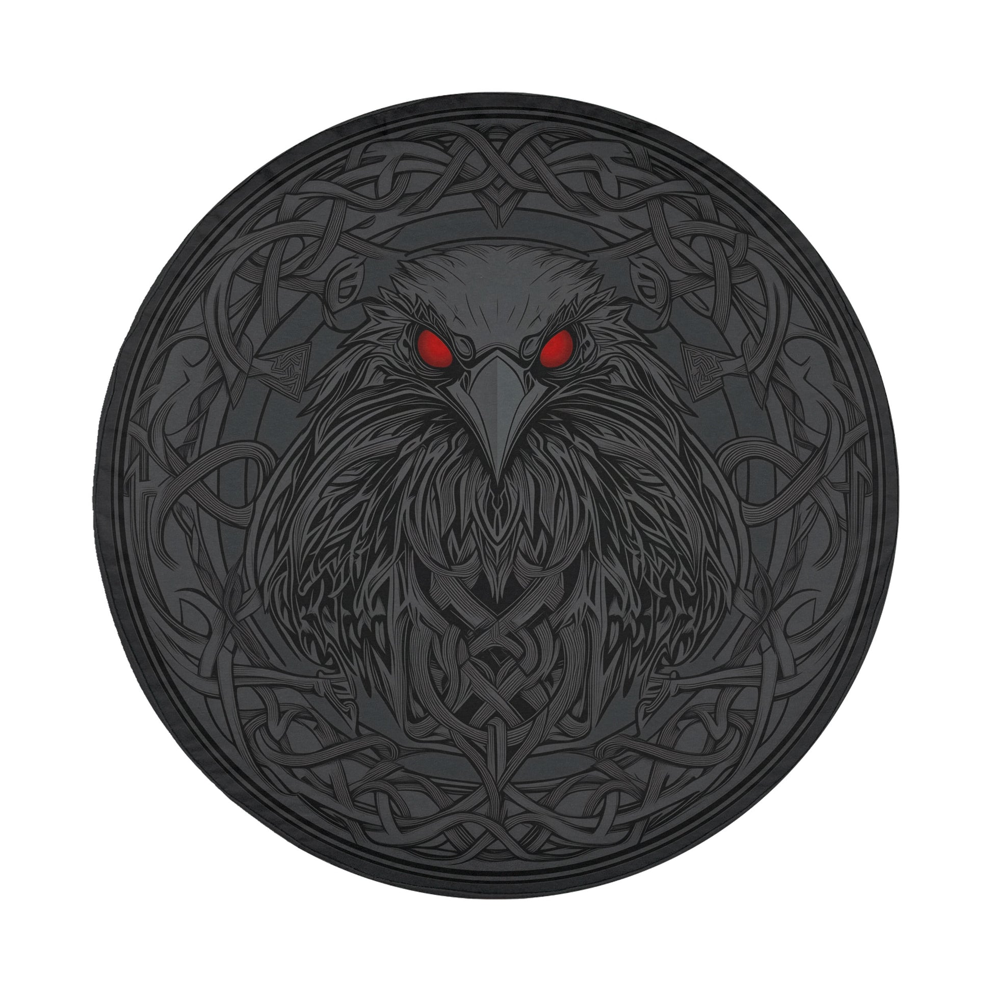 A dark, intricate circular design featuring a fierce-looking bird with red eyes, surrounded by a complex, intertwined pattern.