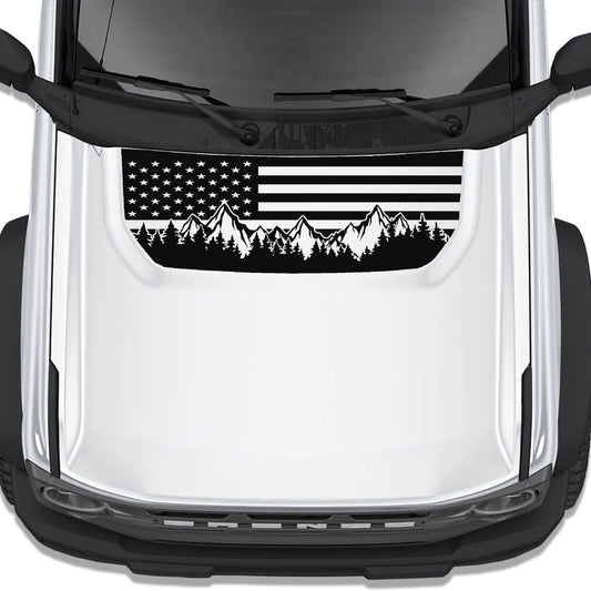 American Flag & Mountains Blackout Hood Vinyl Decal Fits Ford Bronco 2021+