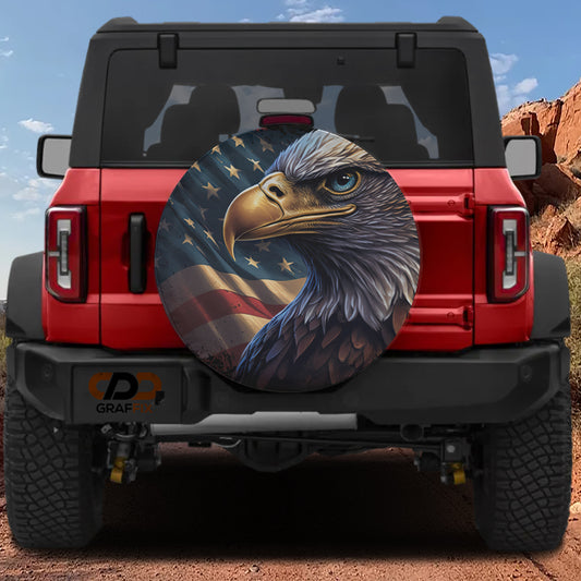 a red Jeep Wrangler with a large American eagle decal on the rear window.