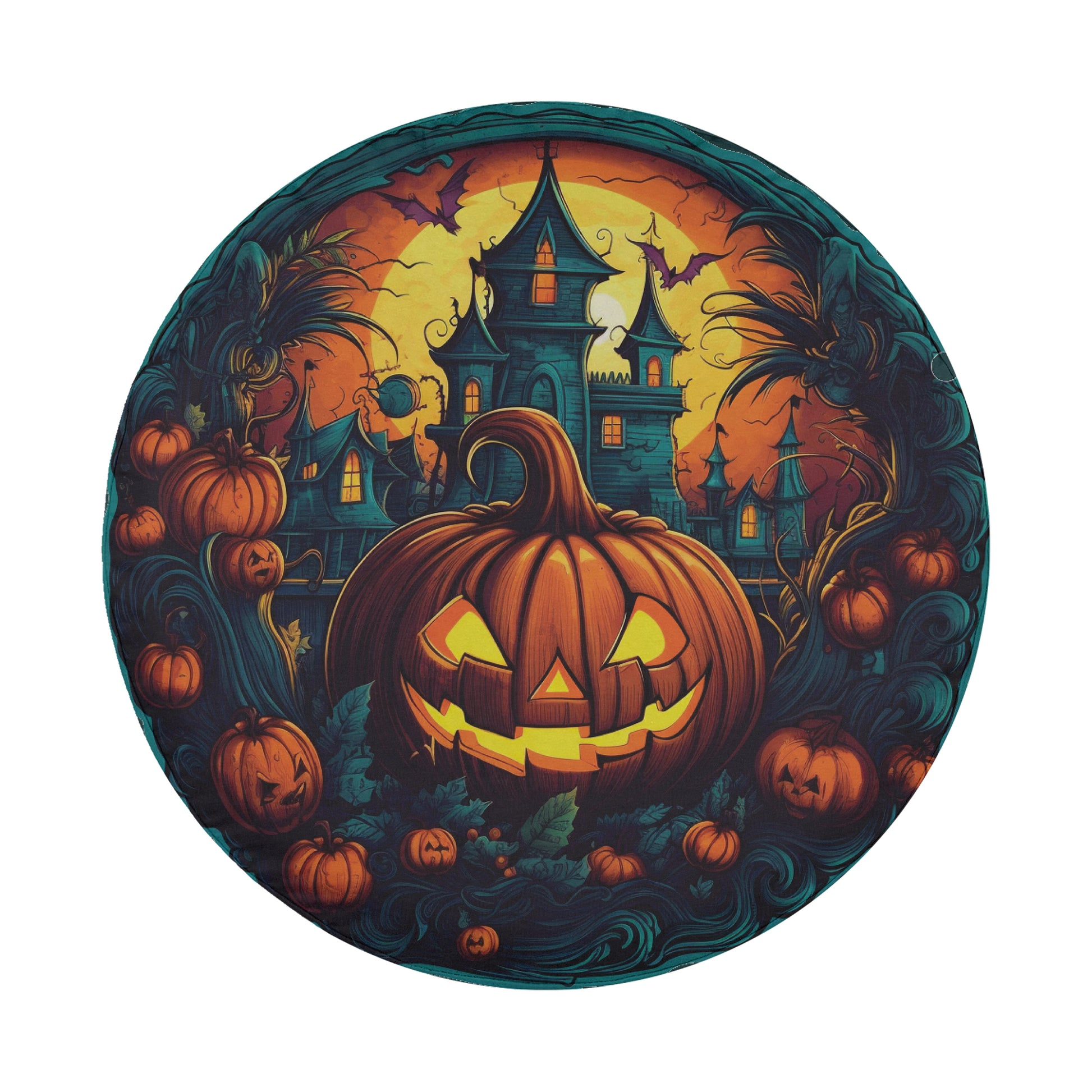 A Halloween-themed illustration featuring a jack-o-lantern, a castle, and various autumn-colored pumpkins and leaves.