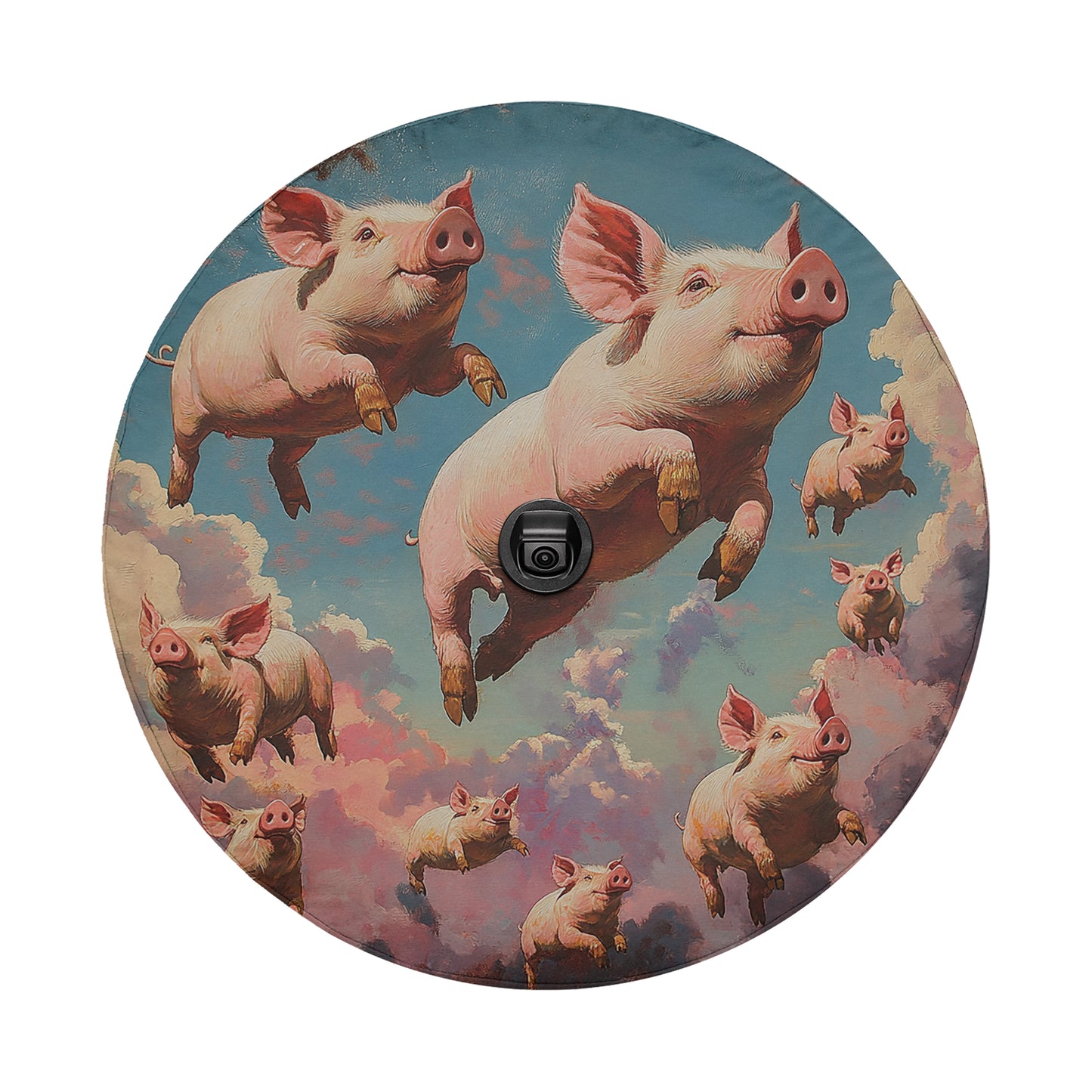 A circular image depicting a group of pink pigs flying through a cloudy sky.