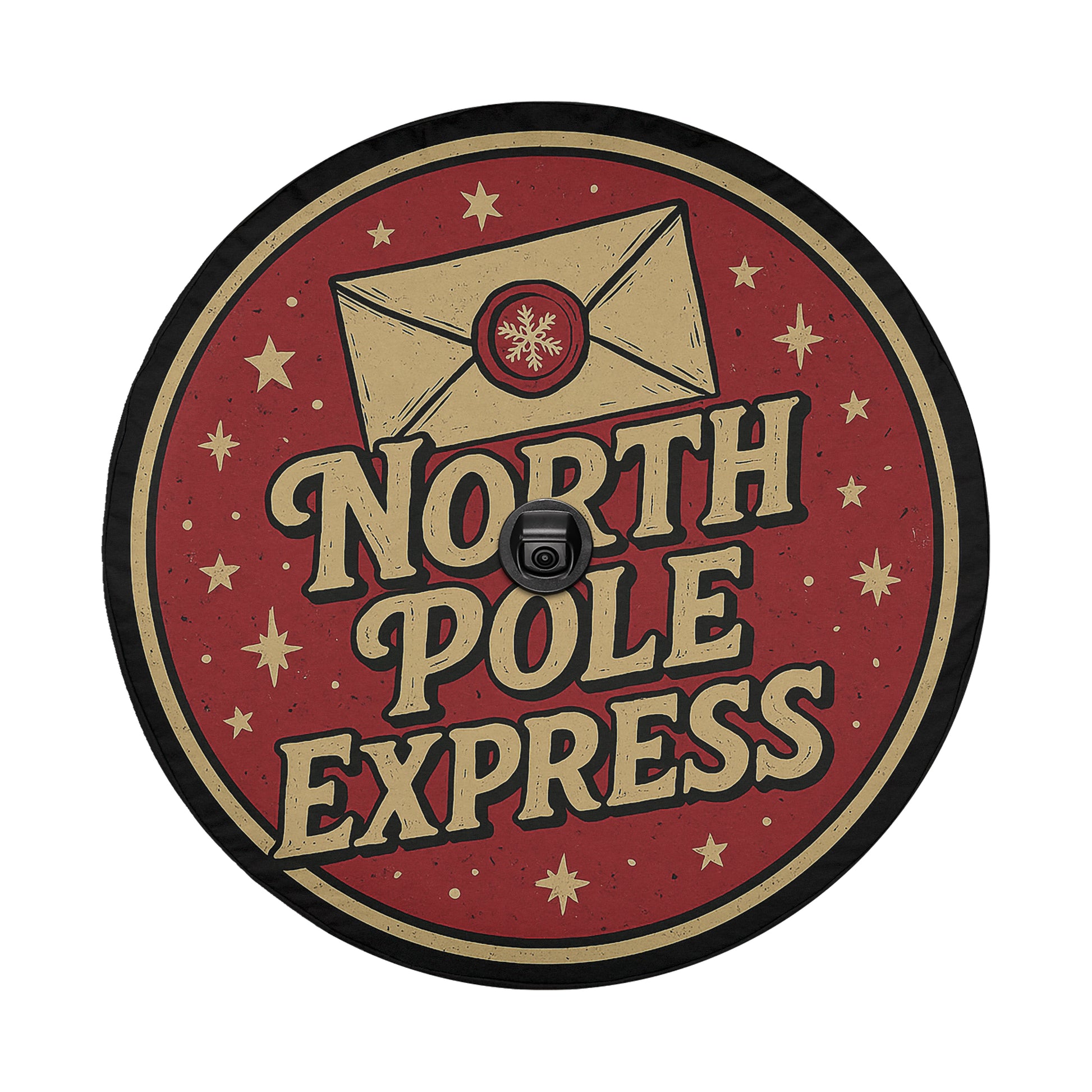 A circular sign with the text "NORTH P Pole EXPRESS" and an envelope icon, surrounded by stars.