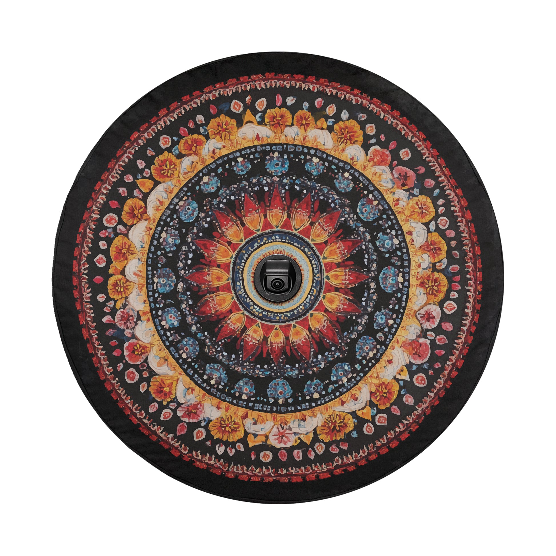 a black and red circular object on a white background