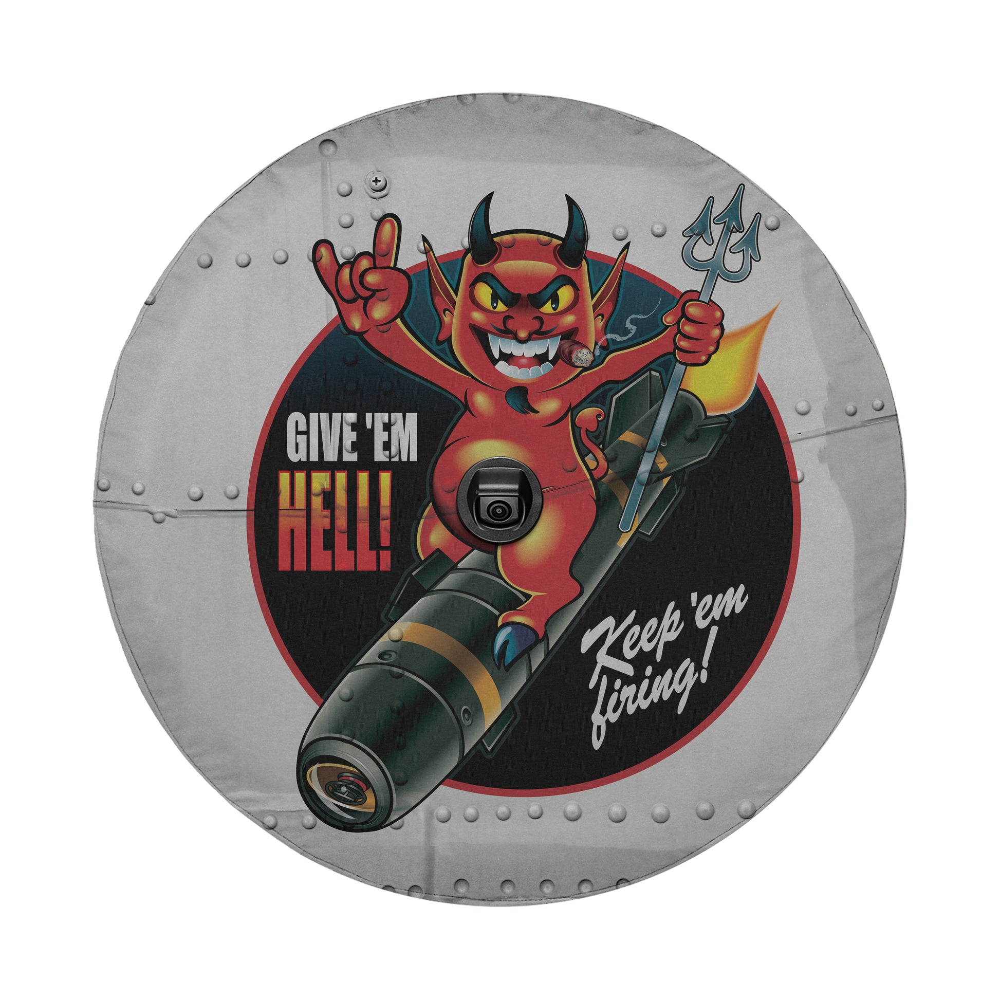 a round metal object with a devil on it