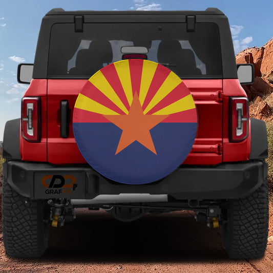 the rear of a red Jeep Wrangler with a large Arizona state flag decal on the rear window.
