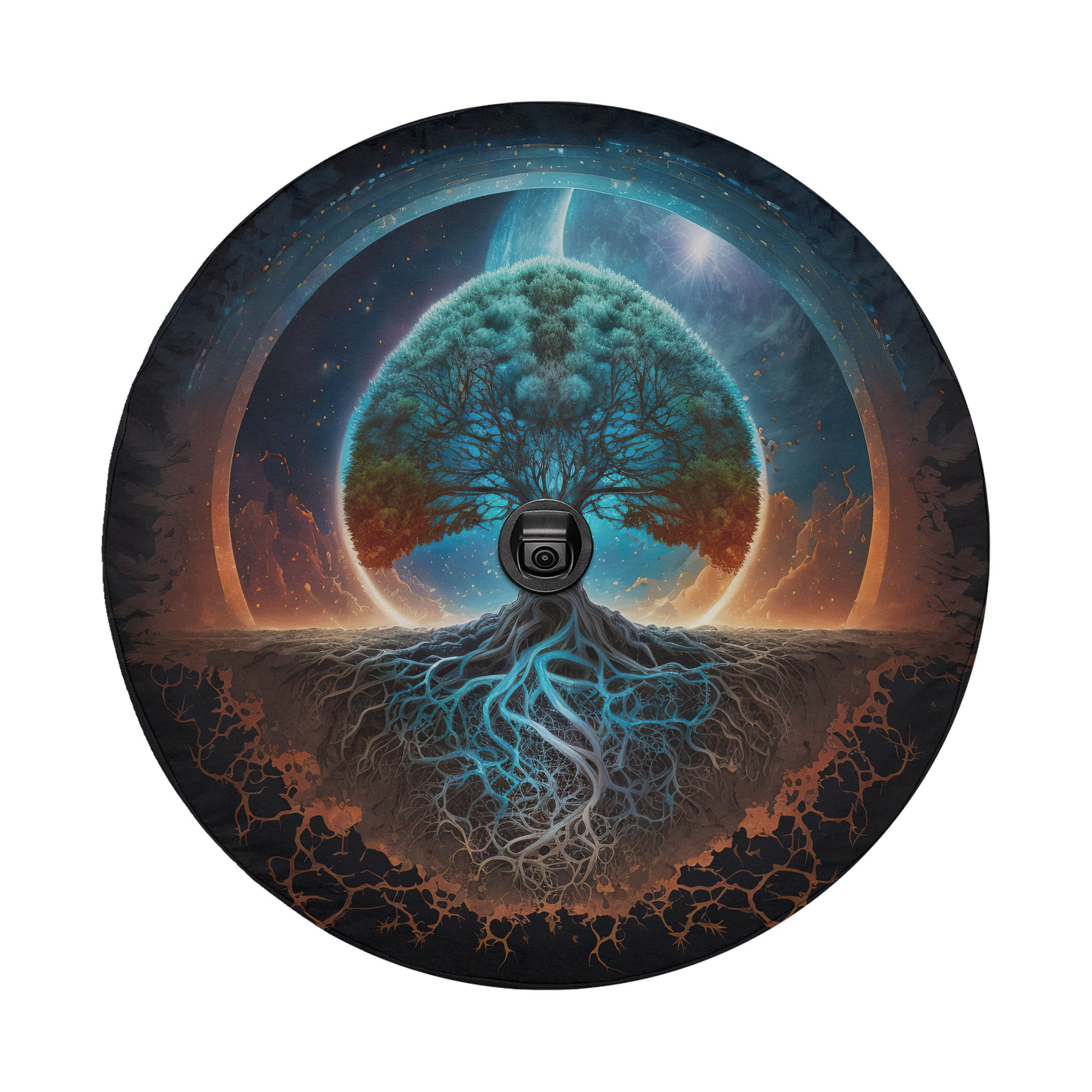 The image is a circular artwork depicting a tree with roots extending into a vibrant, cosmic landscape.