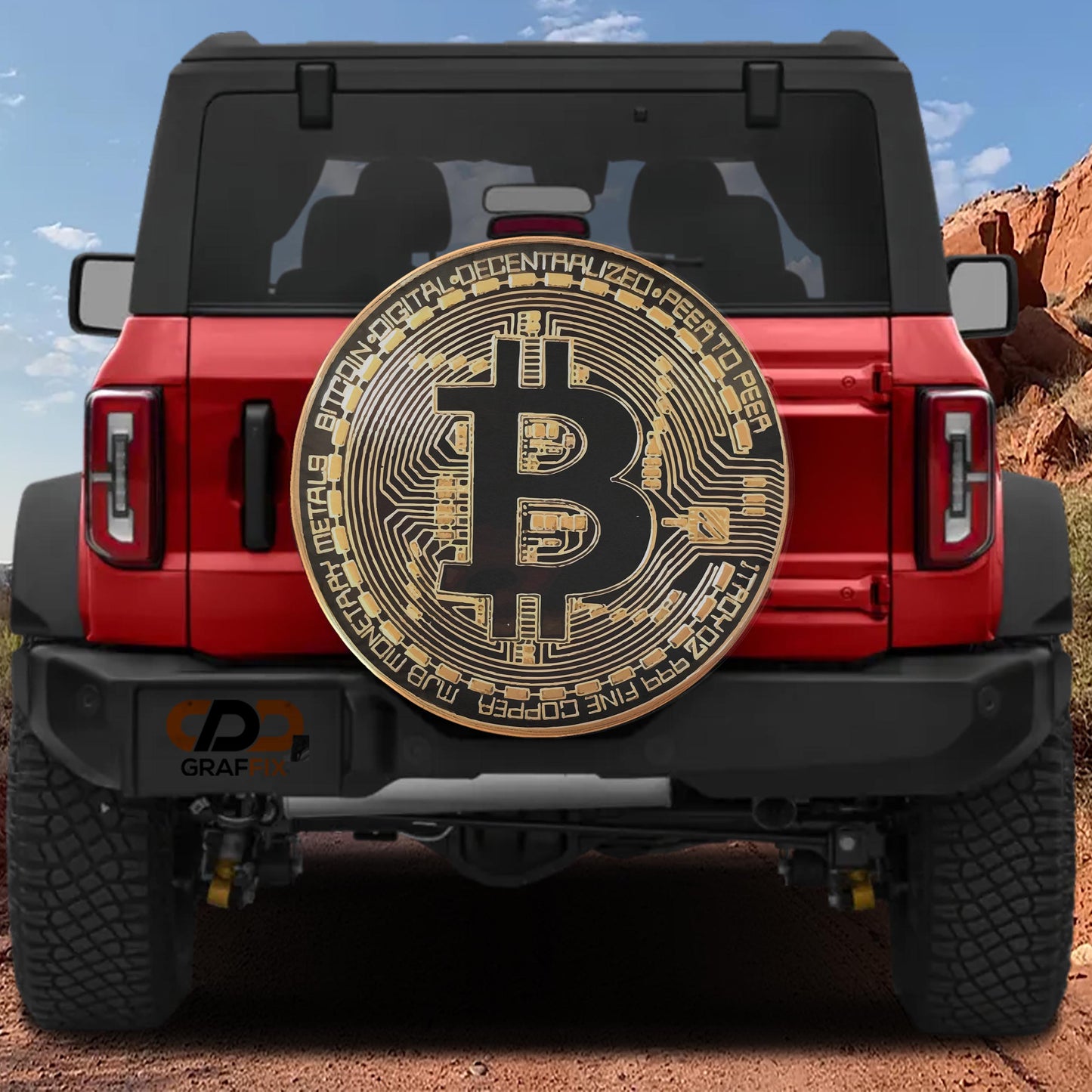 a red Jeep Wrangler with a large Bitcoin-themed decal on the rear window.