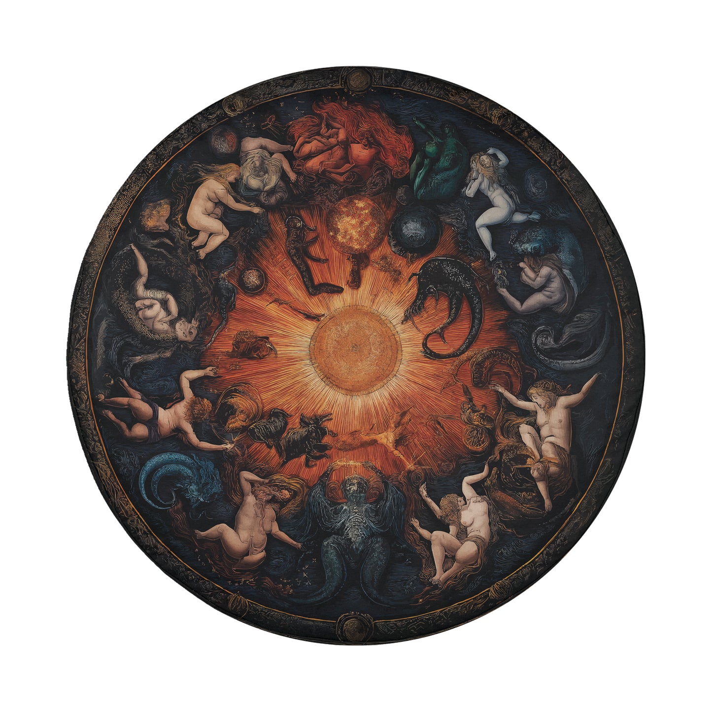 The image is a circular painting featuring a central sun surrounded by various fantastical creatures and figures, including humans, animals, and mythical beings.