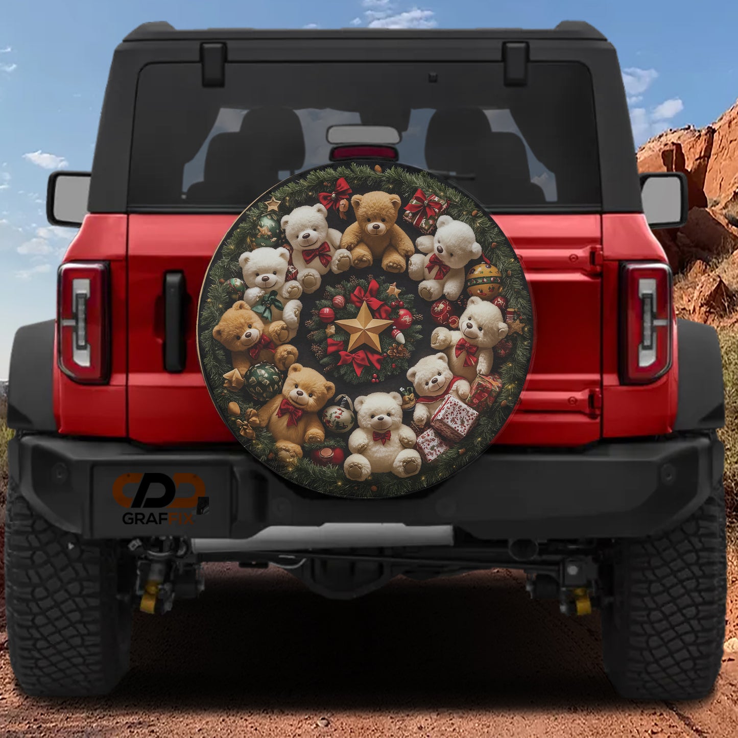 the back of a red Jeep Wrangler with a large, decorative tire cover featuring a group of teddy bears and Christmas decorations.