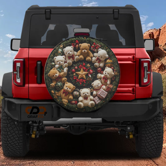 the back of a red Jeep Wrangler with a large, decorative tire cover featuring a group of teddy bears and Christmas decorations.