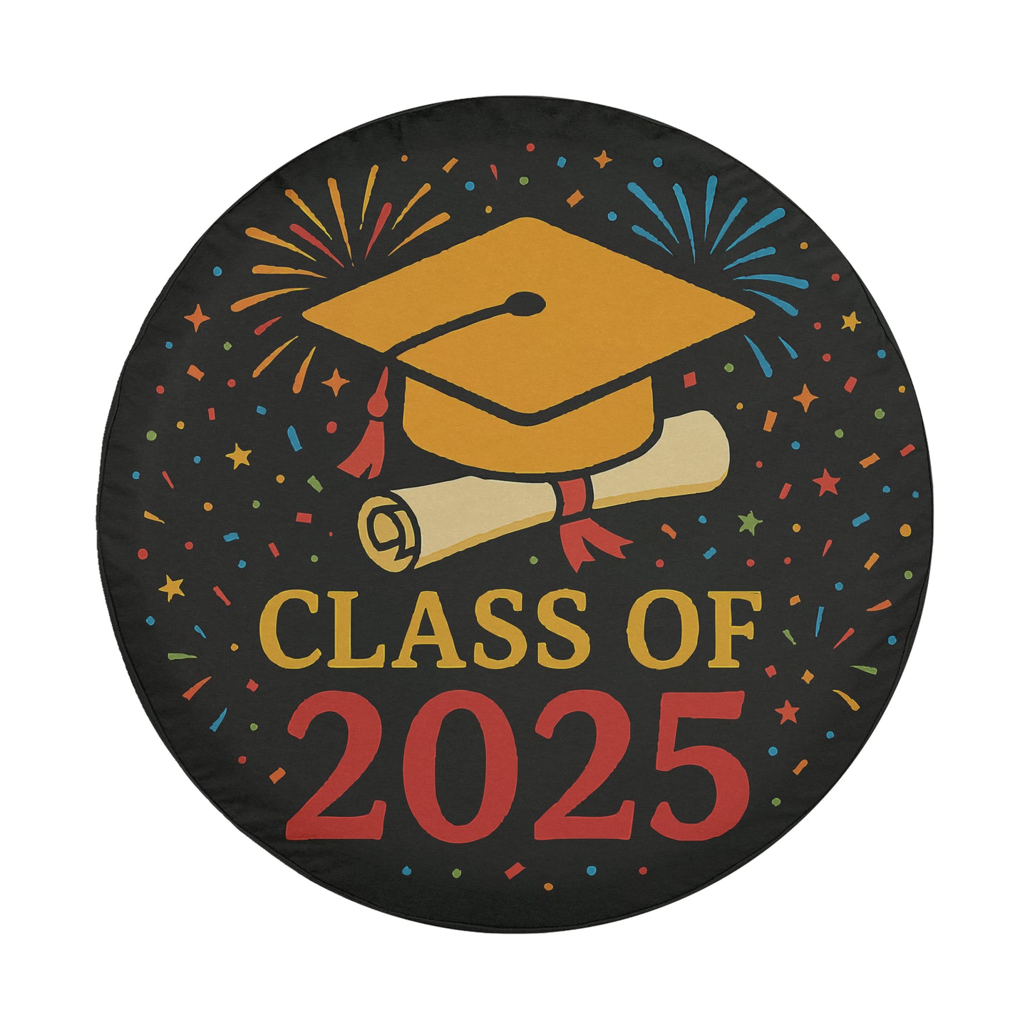The image is a graduation cap and a rolled-up diploma, surrounded by colorful fireworks and confetti, with the text "CLASS OF 2025" displayed prominently.
