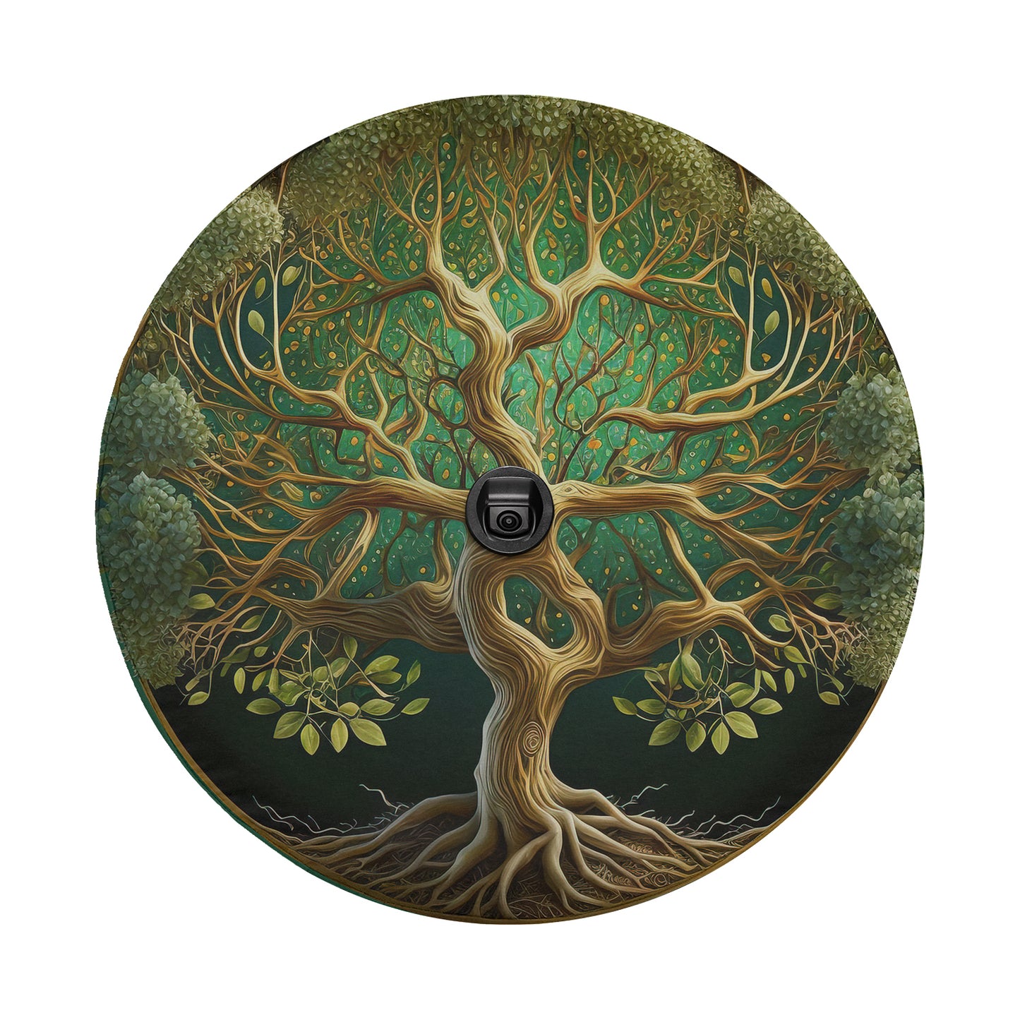a painting of a tree in a circular frame