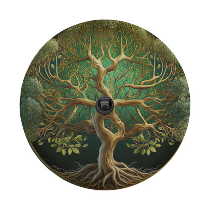 a painting of a tree in a circular frame