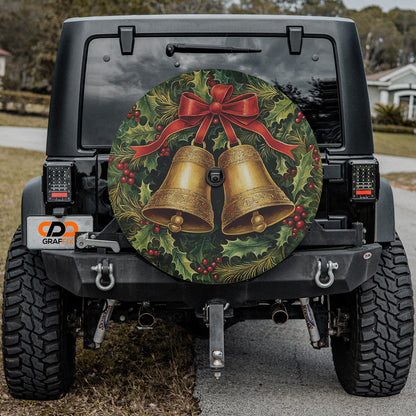a jeep with a christmas wreath and two bells on it