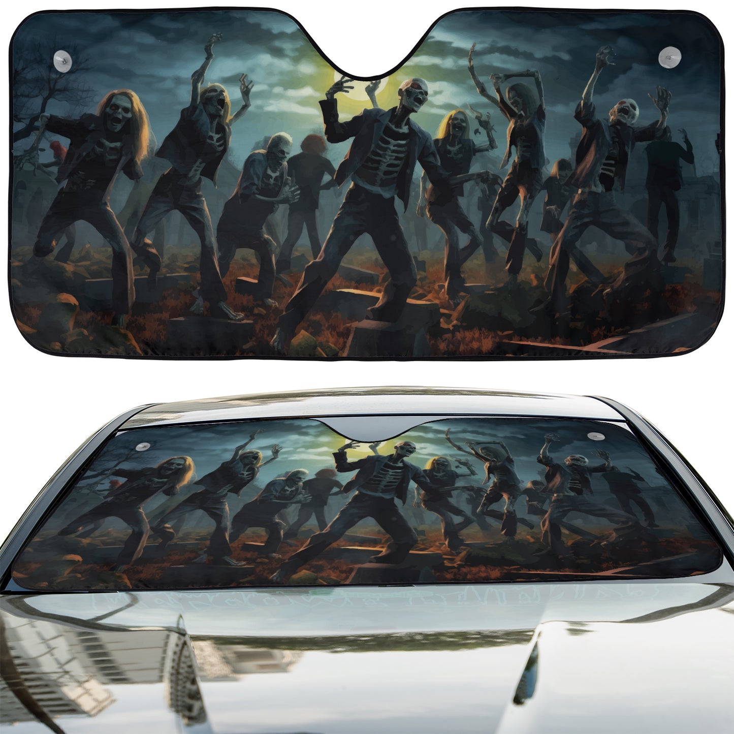 a car with a picture of a group of zombies on it