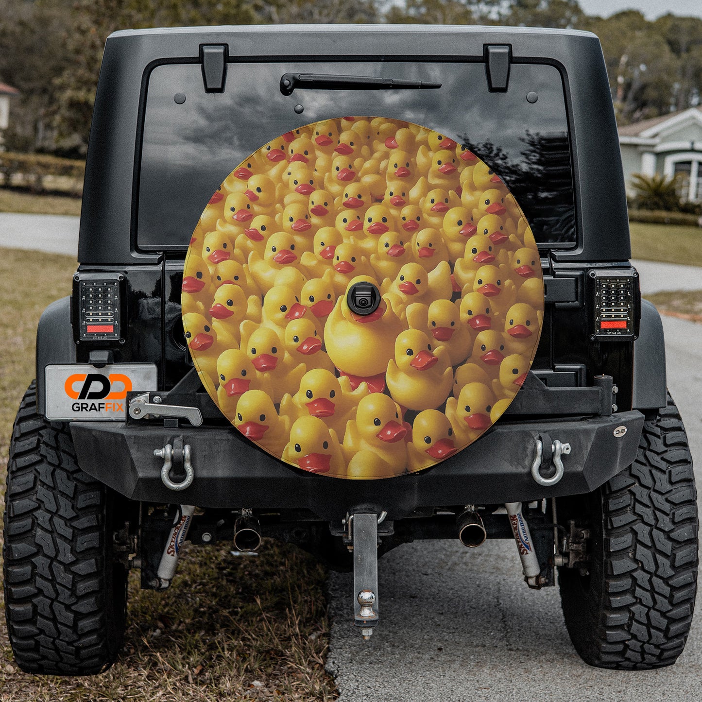 a jeep with a bunch of rubber ducks on it