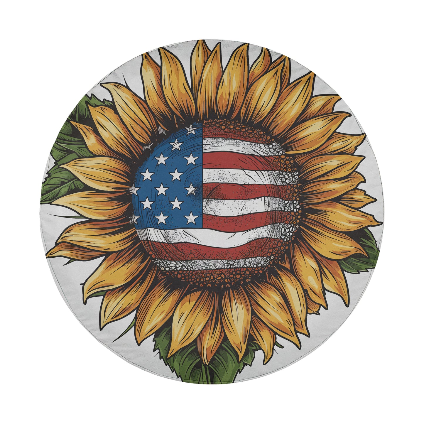 A round, white, sunflower-shaped object with an American flag design in the center.