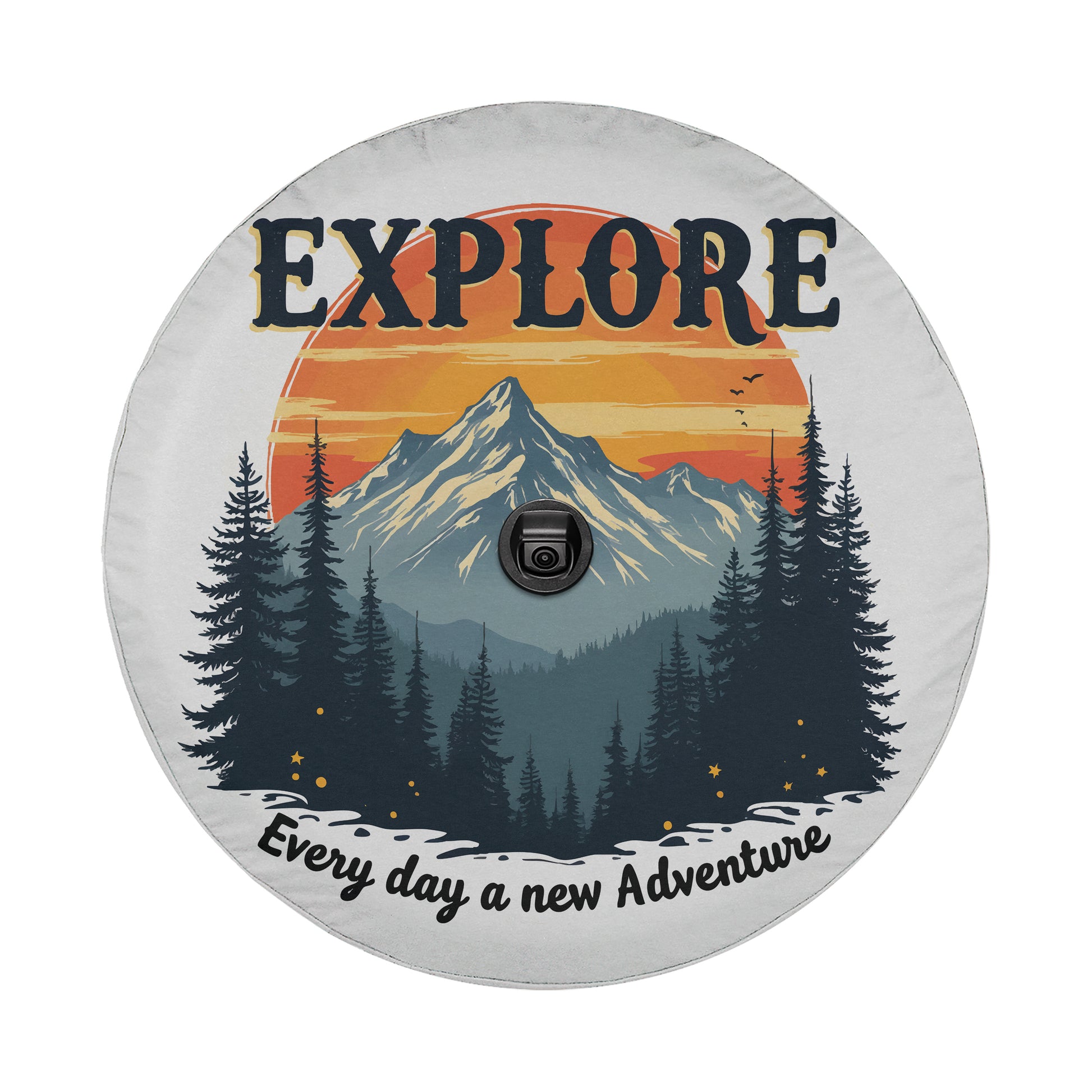 a circular design with a mountain landscape and pine trees, along with the text "EXPLORE Every day a new adventure" prominently displayed.