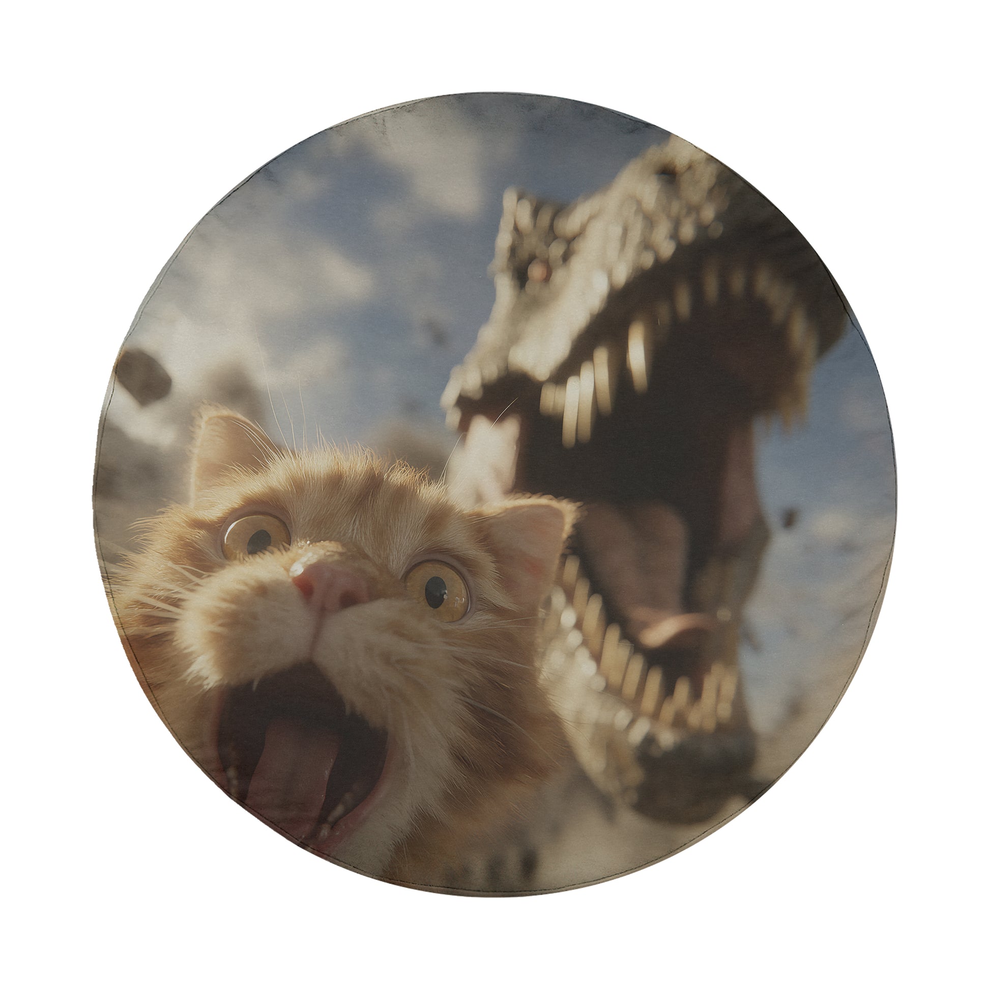 A close-up of a cat's face with wide open eyes and an open mouth, looking up at a large, menacing-looking dinosaur head in the background.