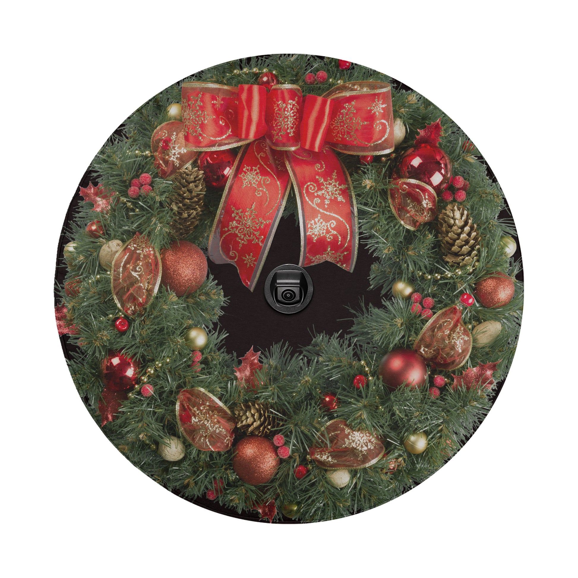 A festive Christmas wreath adorned with red and gold ornaments, pine cones, and a large red bow.