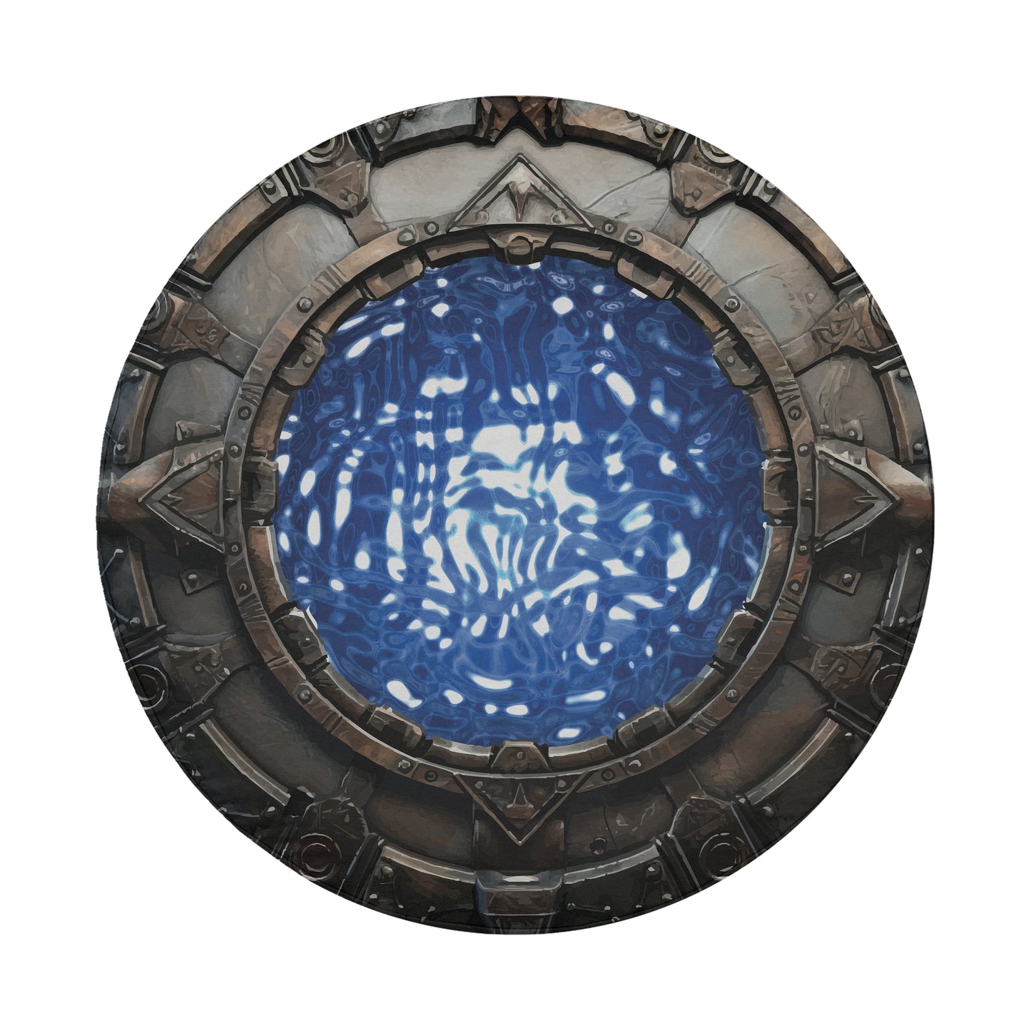 a circular, ornate metal structure with a blue, abstract pattern inside it.