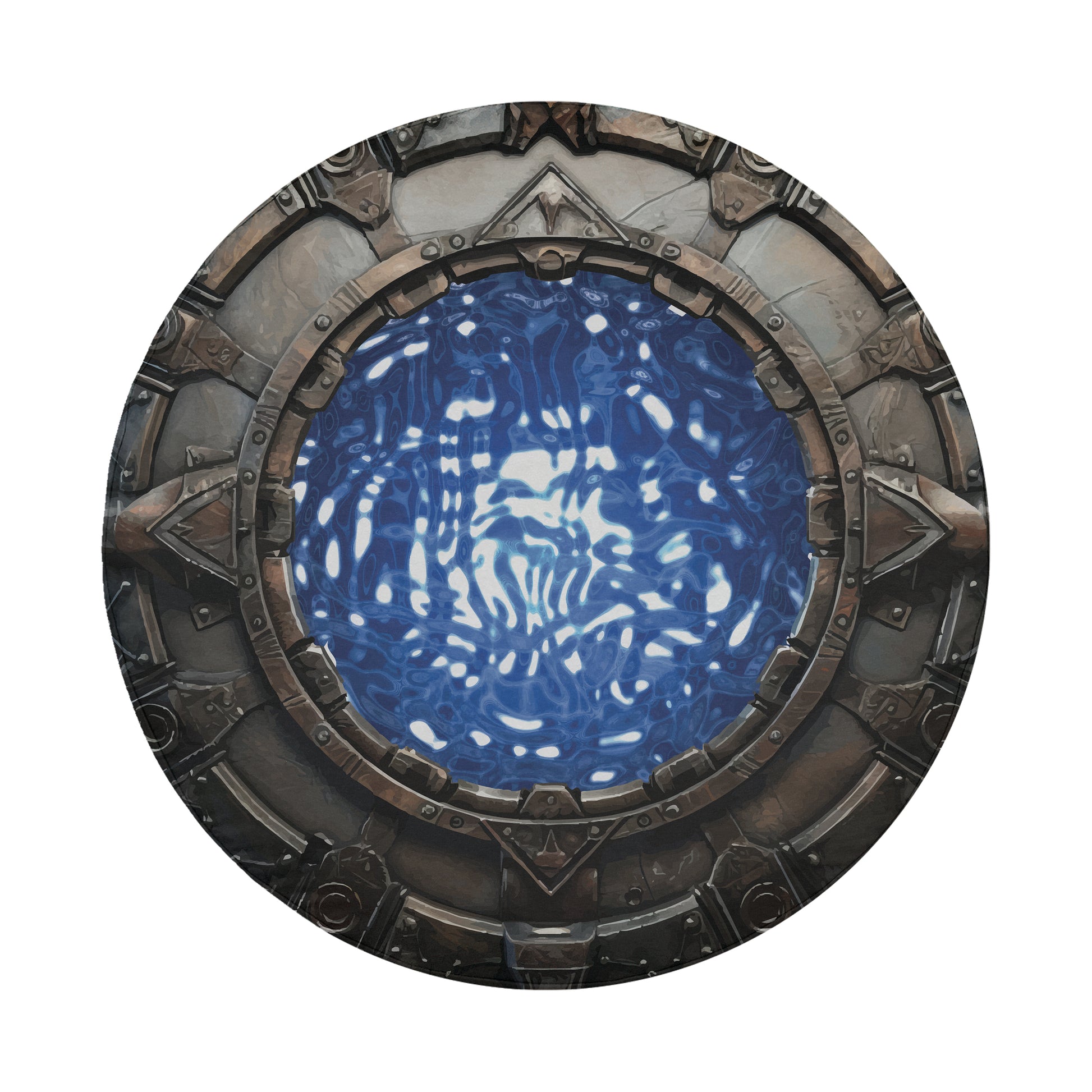 a circular, ornate metal structure with a blue, abstract pattern inside it.