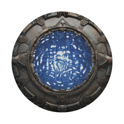 a circular, ornate metal structure with a blue, abstract pattern inside it.