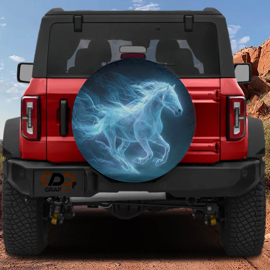 a red Jeep Wrangler with a large, glowing blue horse image on the rear window.