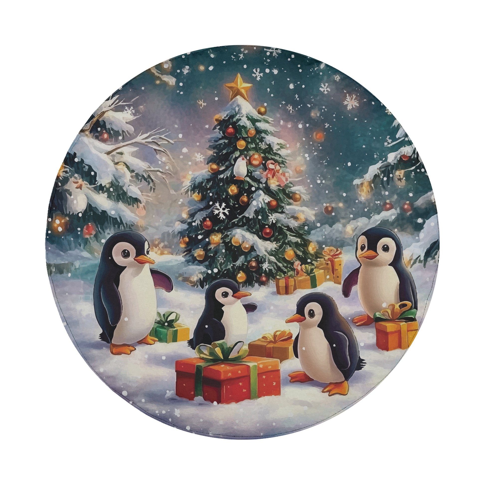 A festive scene of four penguins standing around a decorated Christmas tree, with presents and snow falling around them.