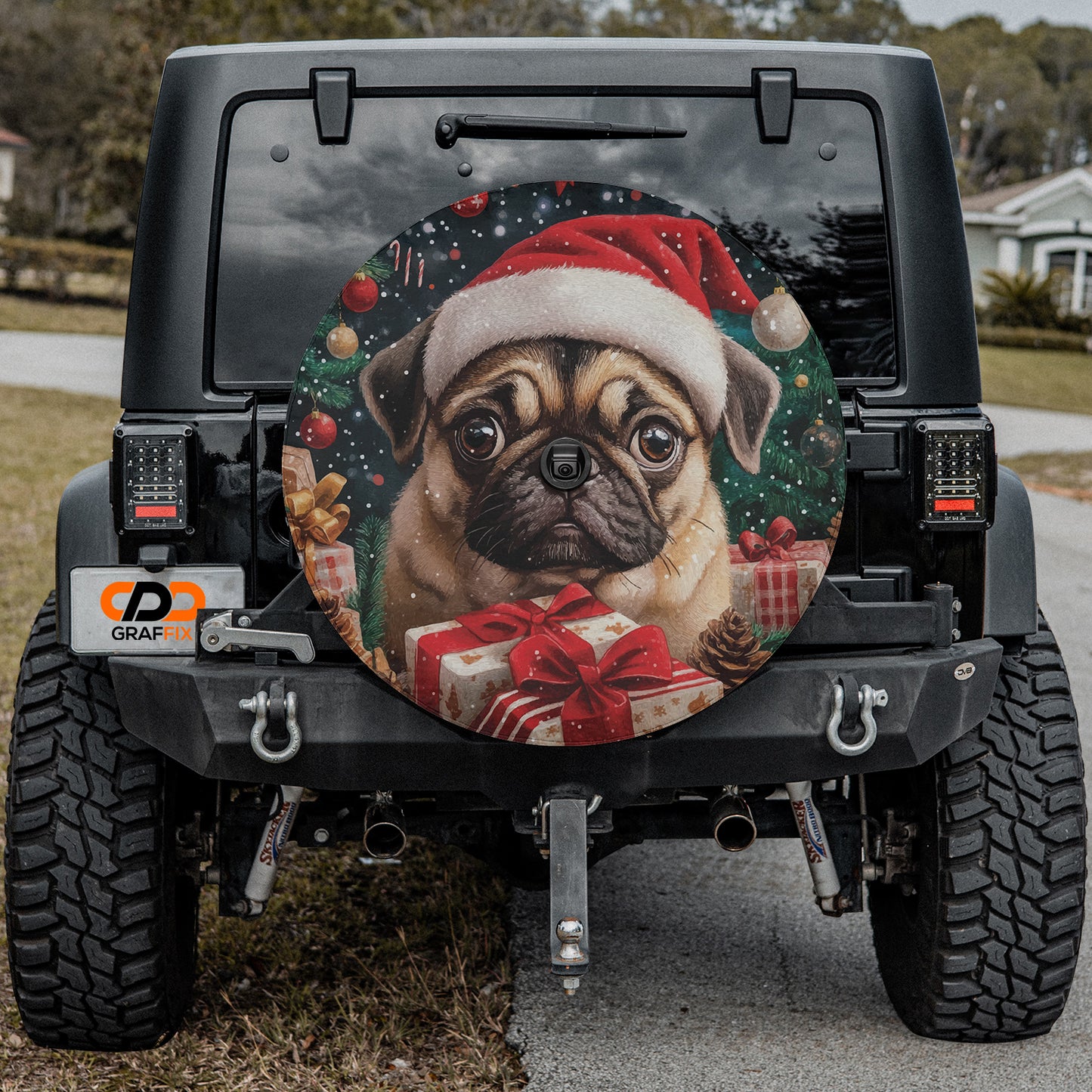 a dog wearing a santa hat and holding a christmas present on the back of a