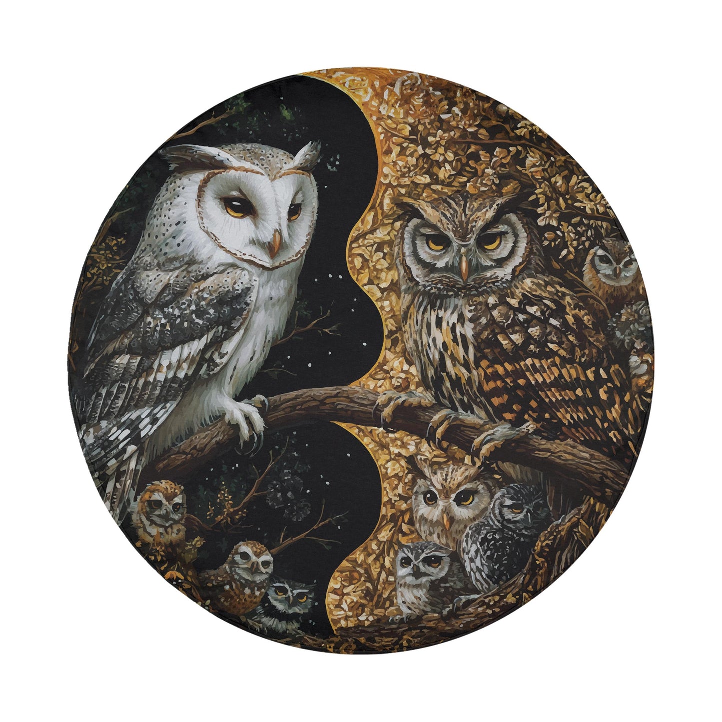 a pair of owls perched on a branch, with one owl facing the camera and the other facing away.