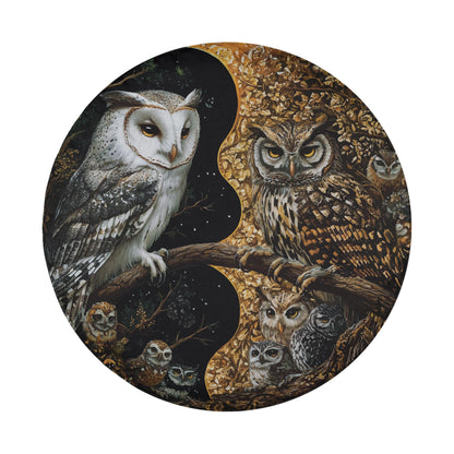 a pair of owls perched on a branch, with one owl facing the camera and the other facing away.
