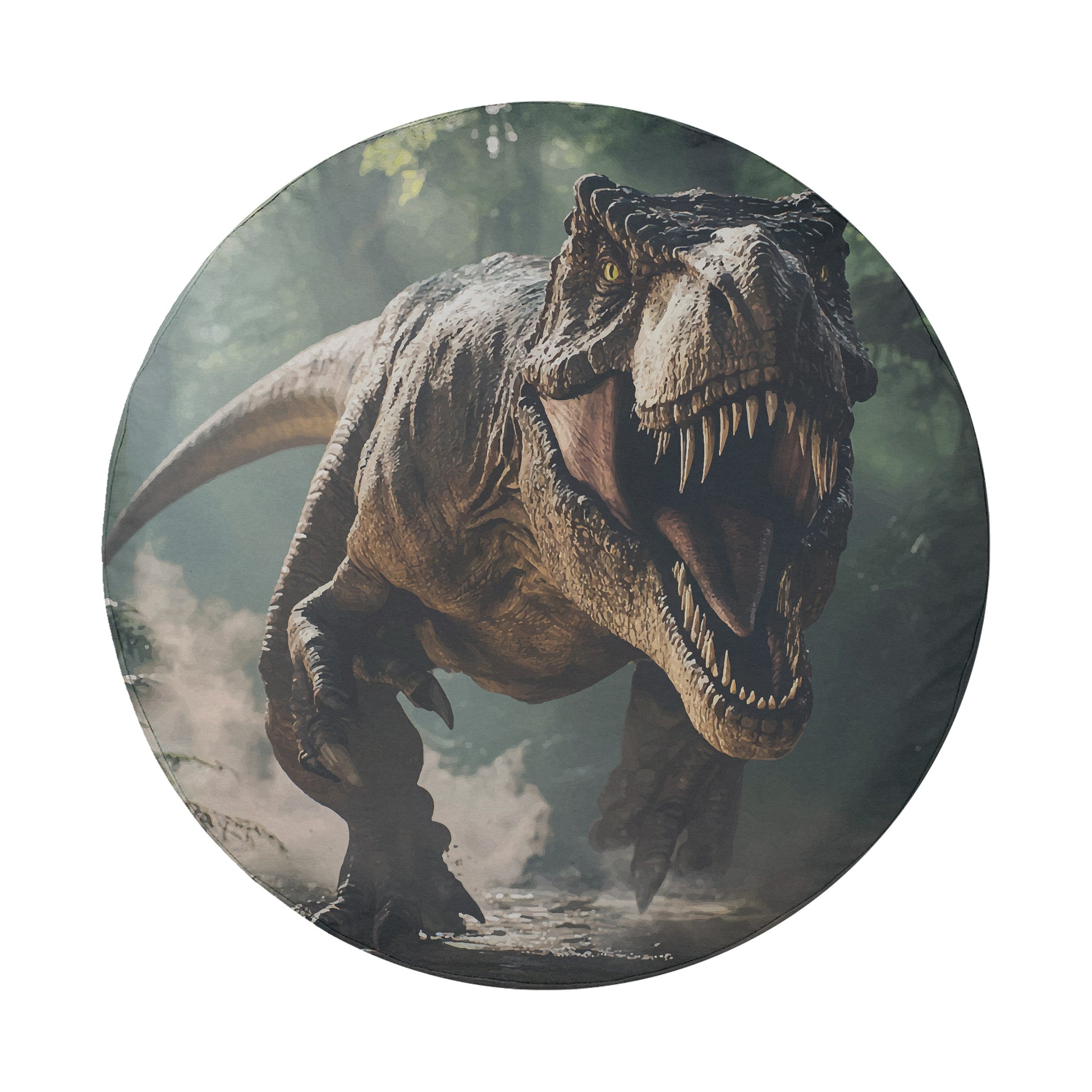 A large, menacing-looking T-Rex dinosaur with its mouth open, surrounded by a misty, forest-like environment.