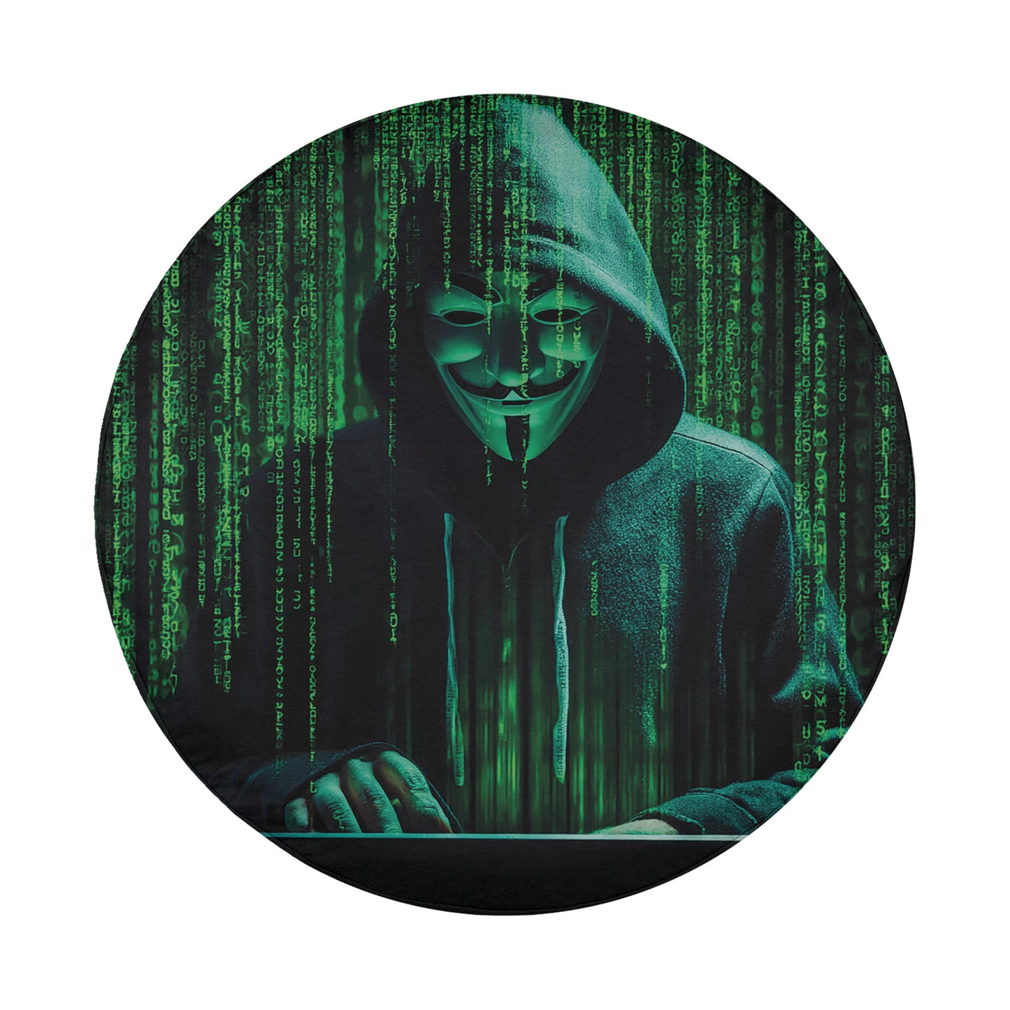 A person wearing a hooded jacket and a mask is shown in a dark, green environment with a digital interface displaying lines of data.