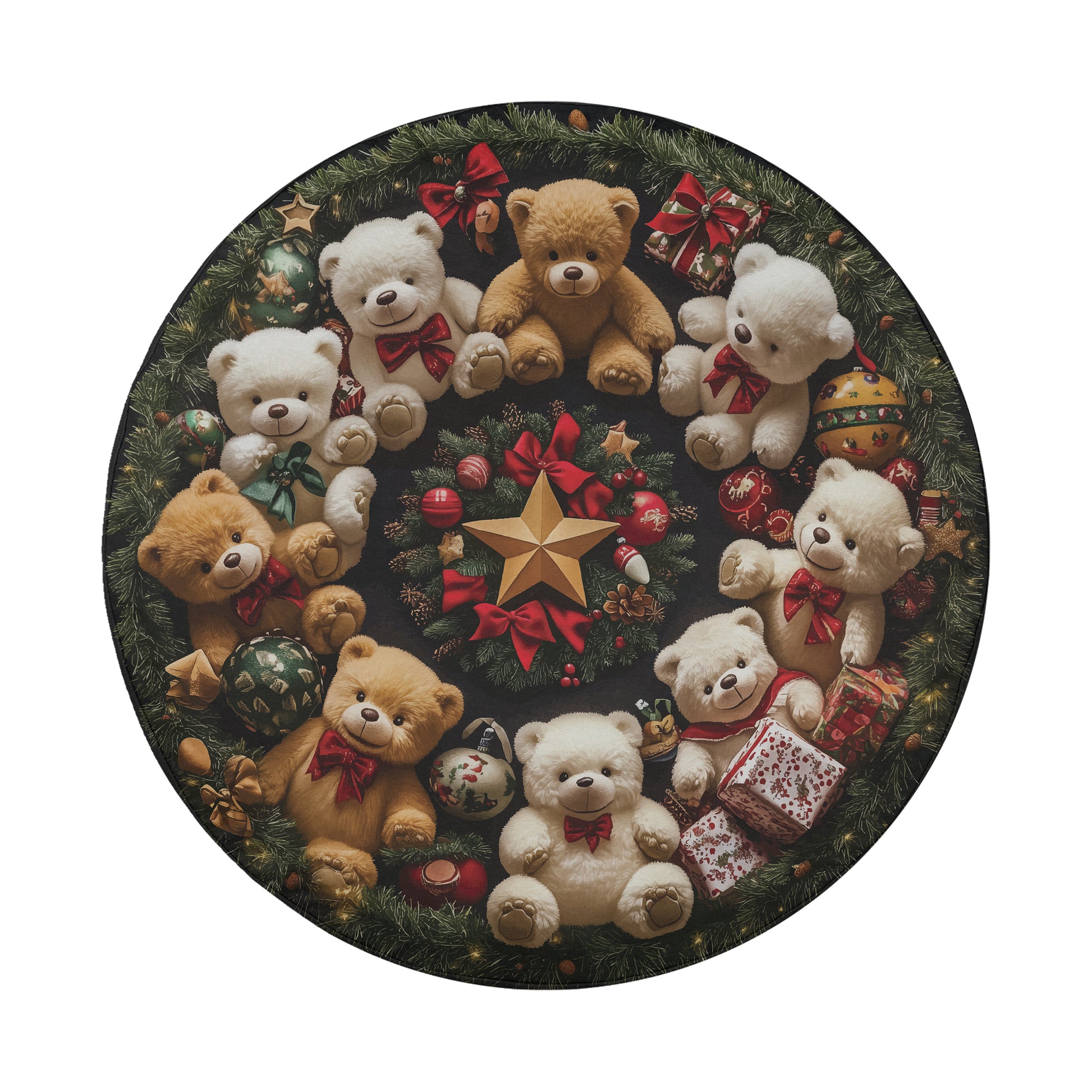 A circular arrangement of various teddy bears and Christmas decorations, including a star, on a festive background.