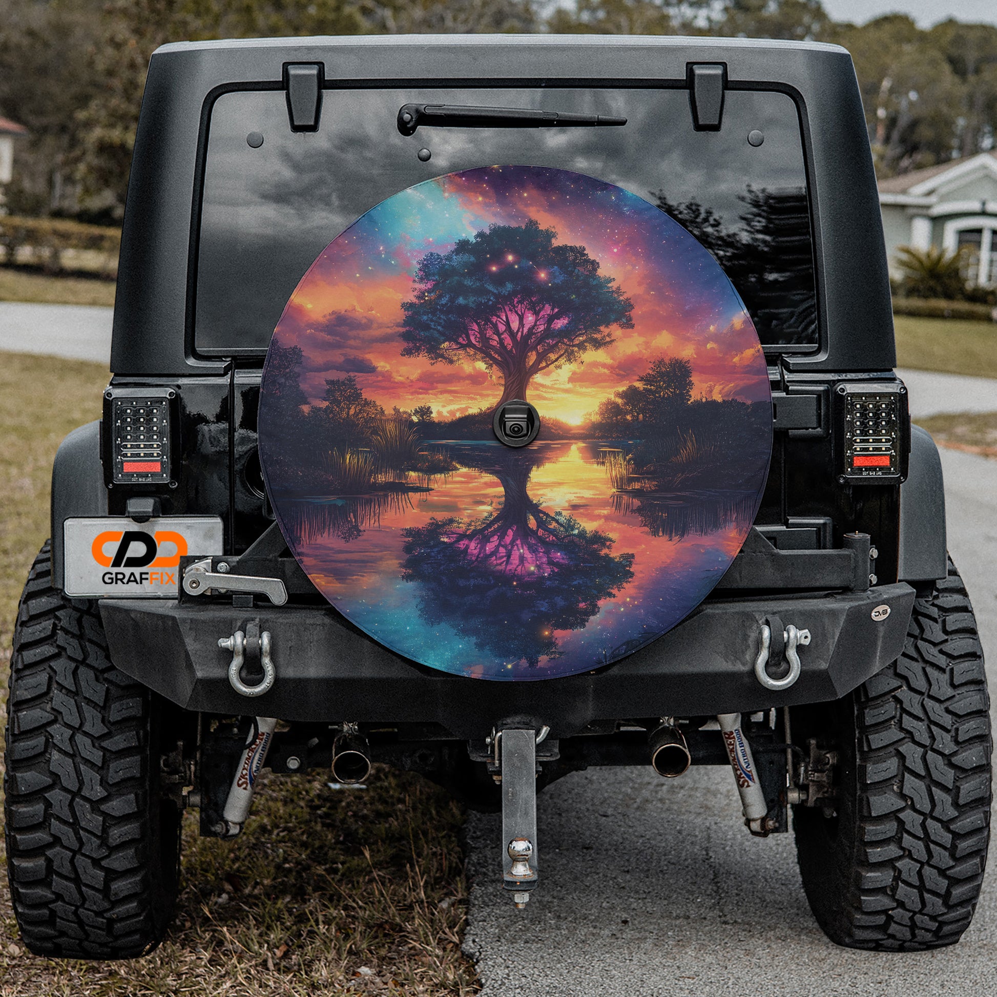 a tire cover with a painting of a tree on it